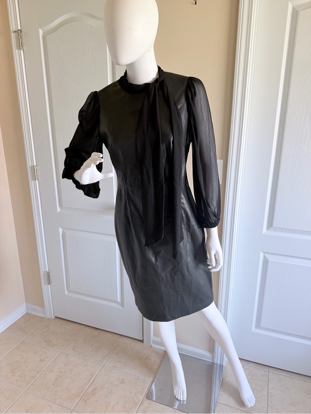 Calvin Klein Black Faux Leather Tie-Neck Midi Dress w/Sheer Sleeves Size 6 - Picture 2 of 8